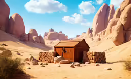 a small shack sits among the desert scenery