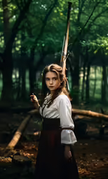 woman with a gun holding a stick in front of her face