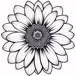 a flower with a large center and long petals on it,a drawing of a large white sunflower