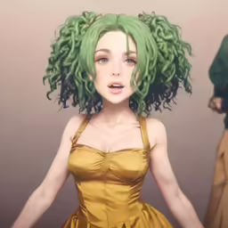 a woman with green hair is dressed in gold