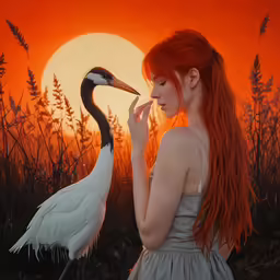 a woman in white dress standing next to a bird