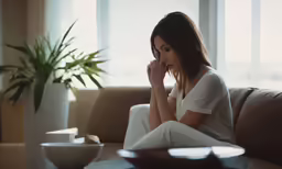 a woman sitting on a couch holding her head while looking away