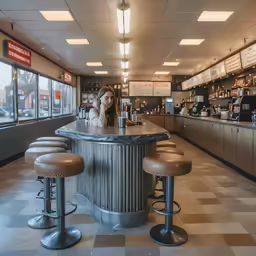 the interior of a restaurant with two bar stools