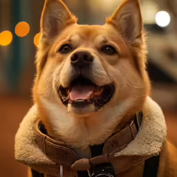 a dog is wearing a jacket and smiling