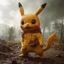 a stuffed toy stands on its back legs in the forest
