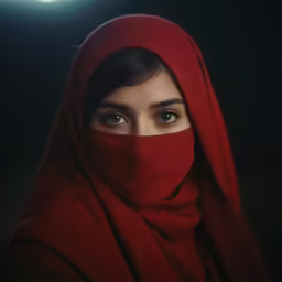 a woman with a red head covering looking directly at the camera