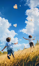 two children flying kites on a sunny day