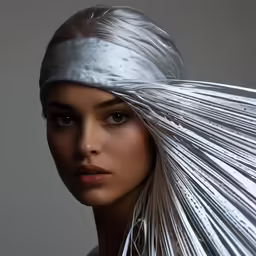 a model in a silver dress with her hair draped