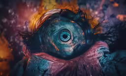 a scary looking eyeball is held by its human body