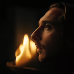 a man looking at the light from his candle