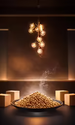 steam rises from a plate with lit candles and a chandelier