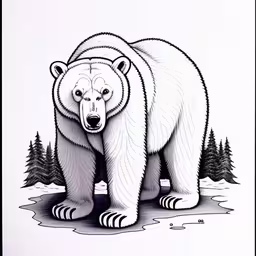 there is an illustration of a bear walking in the snow,a black and white drawing of a bear in the woods,there is a drawing of a bear in the snow,a drawing of a polar bear standing on the ice,a drawing of a large white bear standing