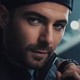 a close up shot of a man in a cap, jacket and glove