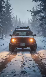vehicle on snowy road near wooded area with evergreens in background