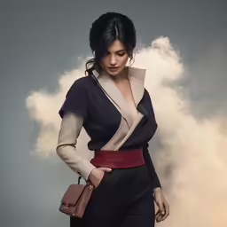 a woman standing next to some clouds holding her purse
