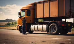 a person standing in front of a yellow truck,man standing next to semi truck on roadway near grassy area