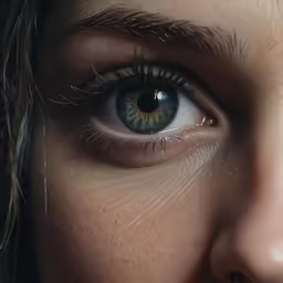 a woman with green eyes has a hair brush in her eyelashes