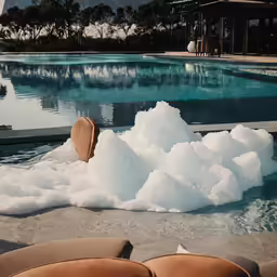a swimming pool covered in snow, with an umbrella