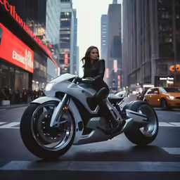 a woman sitting on top of a motorcycle in the middle of the city