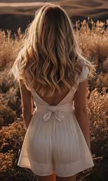back view of woman in white dress in field looking away