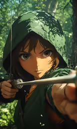a female person with a bow and arrow in a forest
