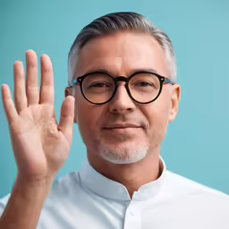 an image of a man wearing glasses holding up his hand