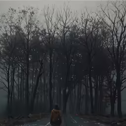 the person is walking on a road with a backpack