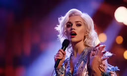 a woman with white hair wearing a silver and blue outfit