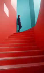 a woman stands on a stair rail next to a bright red staircase