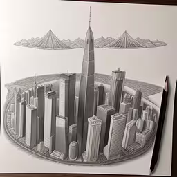 a drawing of buildings in a city on paper,a drawing of an island and a city is drawn