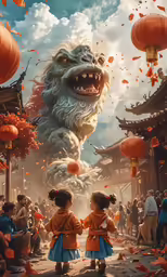 two young girls watching the giant monster that flies above them