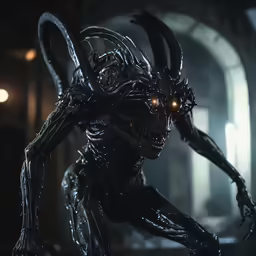 a black alien creature with glowing eyes standing on top of a floor