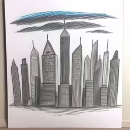 a drawing of a city scene made with black ink,this drawing shows an abstract, high rise cityscape