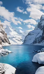 some water rocks mountains and clouds and snow