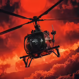 a helicopter in the sky with a red sunset