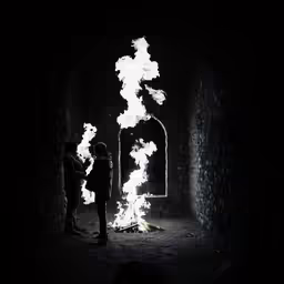 the two people are standing in the dark by their fire