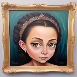 a painting is on a wall above a framed art piece,painting on wall of girl wearing a tiara