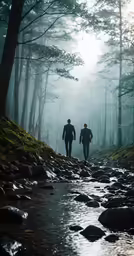 two men walking in the woods along a stream