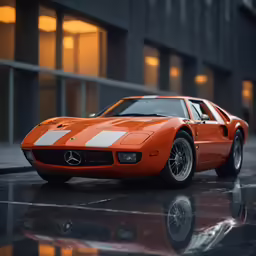 an orange vintage sports car parked in front of a building