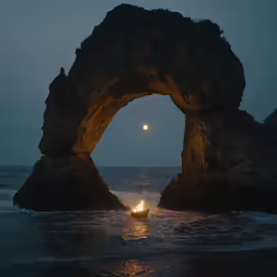 the sun rises over two huge rocks on the ocean