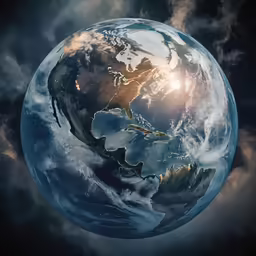 a globe, with clouds in the sky