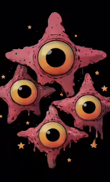 an abstract design of five big pink eyeballs
