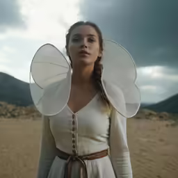a young woman in white dress wearing bird wings