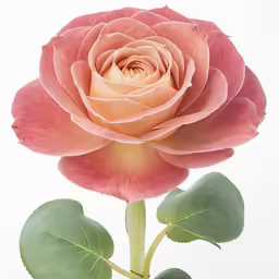 pink rose with green leaves on white background