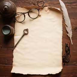 a blank paper with eyeglasses and a quill sitting next to it