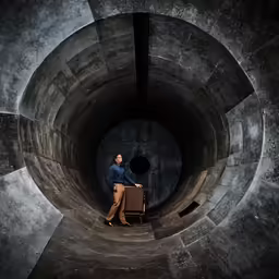 man in blue shirt and tan pants walking through a large pipe