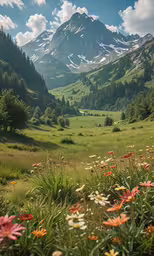 mountains in the distance are covered with grass and wild flowers