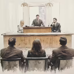 three people sitting at a desk talking with one person standing up and the other looking towards him