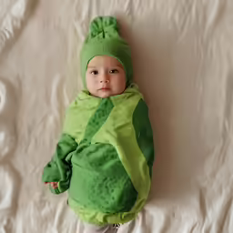 a small baby sleeps with a green outfit on