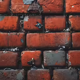 an array of square pieces of red tile in dirty mud
